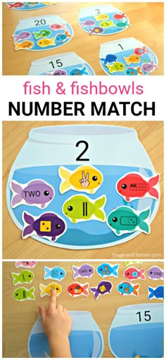 the number match game with fish and numbers on it, is shown in two different pictures