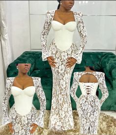 Chantilly Lace Asoebi Styles, White Owanbe Lace Styles, Knee Length Lace Dress Classy, White Lace Dress Styles Nigerian Asoebi, Owanbe Styles For Lace 2023, Owanbe Styles For Lace Corset, White Asoebi Styles, Latest African Fashion Dresses Lace, White Lace Gown Styles Aso Ebi