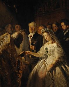 a painting of a bride and groom in an old - fashioned wedding dress, surrounded by other people