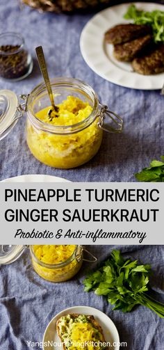 pineapple turmerice ginger sauerkraut in glass jars with spoons