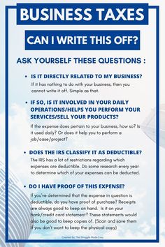 a blue and white flyer with the words business taxes can i write this off?