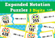 the expanded notation puzzles 3 digits are shown in four different colors and numbers, with two