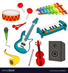 an assortment of musical instruments on a white background