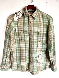 Vintage Ralph Lauren plaid shirt.  Vintage  button up shirt, hipster green and white plaid, lost of signs and cool effects.  This is a woman shirt, but could look cool as an man, unisex in my opinion. Think soft cotton, looks nice as a "jacket "  Brand - Ralph Lauren  Material - cotton  Size - 8  Approximate Measurements ( taken when shirt is lying flat, double armpit to armpit): Shoulder to Shoulder (from seam to seam) - 14.7 inches / 37.5 cm Sleeve length - 24 inches / 61 cm Armpit to armpit ( Street Style Shirt, Shirt Street Style, Vintage Button Up Shirt, Ralph Lauren Plaid, Beige Plaid, Gingham Shirt, Vintage Ralph Lauren, Green Beige, Jacket Brands