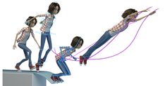 an animated image of a woman jumping over a gap in the air with headphones on