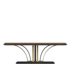 an art deco dining table with two metal legs and a wooden top, on a white background