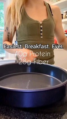 a woman standing in front of a pan with the words breakfast, breakfast ever