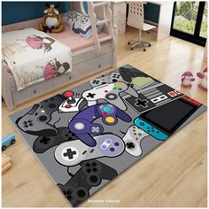 a rug with video game controllers on it in a child's playroom area