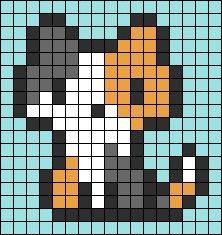 a cross stitch pattern with a dog's head in the center, on blue and black squares