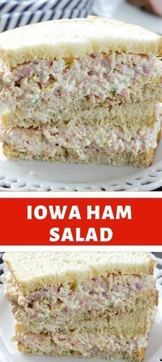 there is a sandwich cut in half on a white plate with the words iowa ham salad