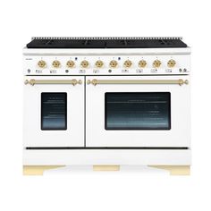 Hallman Classico 48 Inch Induction Range With Brass Trim White Oven Freestanding, Freestanding Range, Stainless Steel Backsplash, Induction Oven, Small Oven, Convection Cooking, Induction Range, Dual Fuel Ranges, Brass Trim