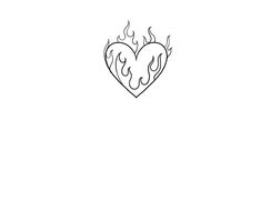 a black and white drawing of a heart with flames