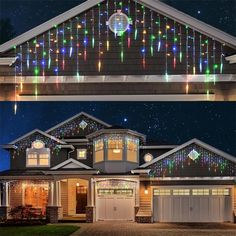 two houses with christmas lights on the roof