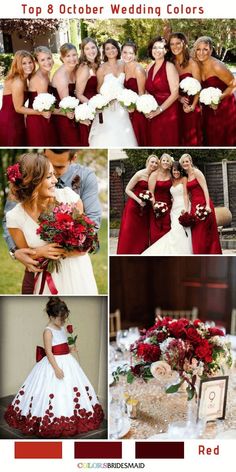 red and white wedding color scheme with bridesmaids in dresses, bouquets and flowers