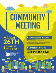 the community meeting flyer is shown in blue and yellow with an image of city buildings