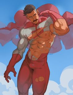 a drawing of a man with no shirt on standing in front of clouds and blue sky