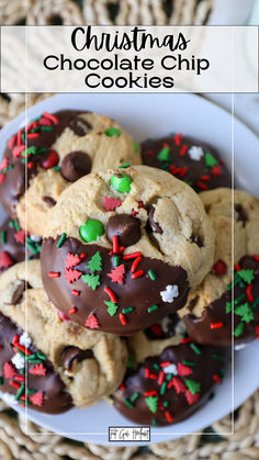 christmas chocolate chip cookies on a white plate