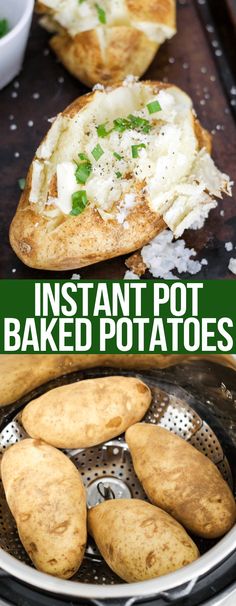 baked potatoes in an air fryer with text overlay that reads instant pot baked potatoes