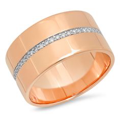 a rose gold wedding ring with two rows of diamonds in the center and on the outside