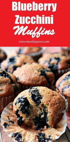 blueberry zucchini muffins on a cooling rack with text overlay