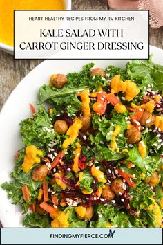 kale salad with carrot ginger dressing recipe Chickpea Kale Salad, Beets And Carrots, Carrot Ginger Dressing, Mind Diet, Kale Leaves, Ginger Dressing, Carrot And Ginger, Campfire Cooking