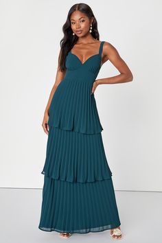 Luxe Perfection Emerald Green Pleated Tiered Backless Maxi Dress Green Long Formal Dress, Pleated Prom Dress, Fitted Tiered Green Maxi Dress, Green Tiered Chiffon Maxi Dress, Fitted Green Tiered Maxi Dress, Winter Formal Dresses Long, Green Pleated Floor-length Maxi Dress, Long Teal Dress, Green Pleated A-line Maxi Dress