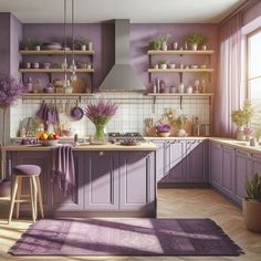 a kitchen with purple walls and wooden flooring is pictured in this image, there are plants on the counter