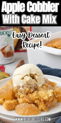 an apple cobbler with cake mix on a white plate