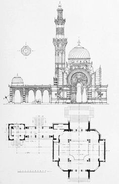 an architectural drawing of a building with two towers and a dome on the top floor