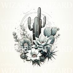 a cactus and flowers tattoo design on a white background with the words ward ward written below it