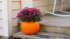 an orange vase filled with purple flowers sitting on steps