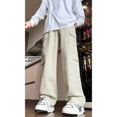 Wiaofellas - Brand Autumn New Mens Cargo Pants Baggy Casual Multi Pocket Solid Color Trousers for Man Hip Hop Fashion Male Clothes Casual White Parachute Pants, White Casual Full-length Parachute Pants, Casual White Full-length Parachute Pants, Urban White Wide Leg Parachute Pants, Urban White Wide-leg Parachute Pants, White Wide Leg Parachute Pants, Casual Beige Cargo Jeans For Streetwear, Casual Baggy Work Pants For Streetwear, White Baggy Full-length Parachute Pants