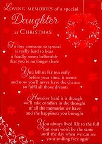 a red christmas card with the words,'loving memories of a special daughter at christmas '