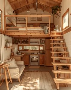 a tiny house with stairs leading up to the loft