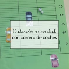 several cars are parked on the street next to a ruler with words written in spanish