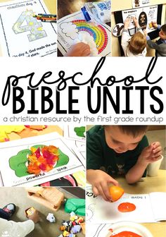 a collage of photos with the words preschool bible units and pictures of children making crafts