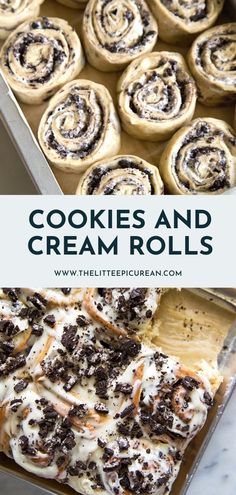 cookies and cream rolls in a baking pan with the title overlay reads cookies and cream rolls