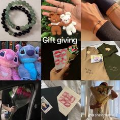 the collage has pictures of different items and words on it, including bracelets