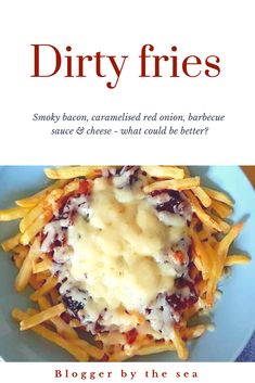 the cover of dirty fries with cheese and sauce on it