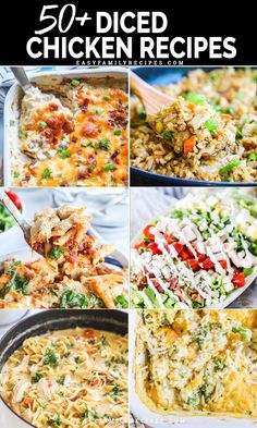 chicken and rice casserole collage with the words 50 + diced chicken recipes