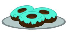 three donuts with blue icing on a plate