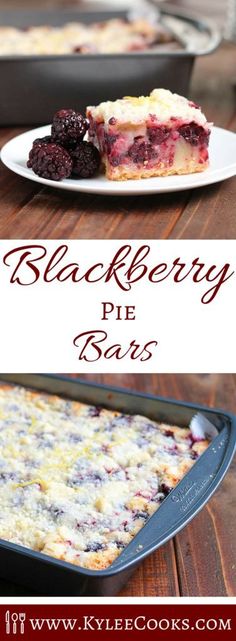 black berry pie bars on a white plate and in a pan with the rest of the cake