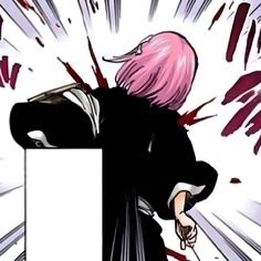 an anime character with pink hair holding a sign in his hand and looking down at the ground