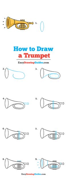 how to draw a trumpet with easy drawing guides on the front and back side,