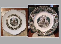 two plates with the capitol building on them, one is decorated in green and white