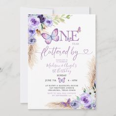 an image of a birthday party card with purple flowers and butterflies on the front, one year later