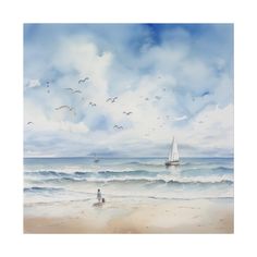 a painting of a sailboat in the ocean with seagulls flying above it