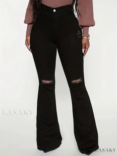 Lasaky - Womens High Waist Distressed Black Flared Jeans - Ripped Bottom, Bell Bottom Design - Premium Denim Pants for Fashion-conscious Individuals Fall Fitted Ripped Flare Jeans, Fitted Distressed Pants For Fall, Trendy Distressed Bottoms For Fall, Casual Black Ripped Flare Jeans, Stretch Distressed Bottoms For Fall, Trendy Distressed Pants For Fall, Black Ripped Flare Jeans For Fall, Edgy Ripped Bottoms For Fall, Ripped Fitted Pants For Fall