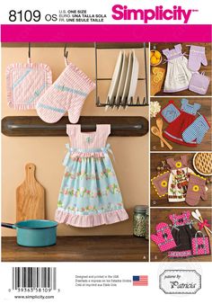 the sewing pattern for baby's aprons and mitts is shown in this catalog