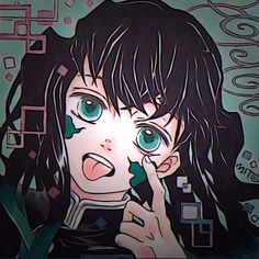 a painting of a woman with green eyes holding a cell phone to her face and looking at the camera